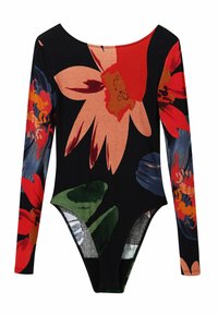 Long-sleeve one-piece swimsuit featuring a black ribbed fabric with large red and orange floral patterns and green leaf accents.