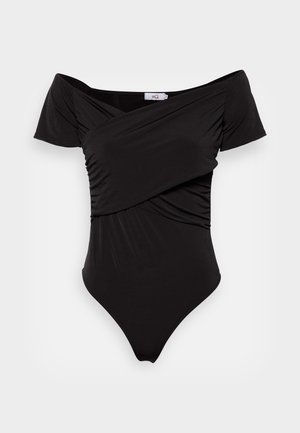 Schwarzer Off-Shoulder-Bodysuit aus weichem, elastischem Material. Verfügt über ein gekreuztes Frontdesign und hohe Beinausschnitte für eine schlanke Silhouette.