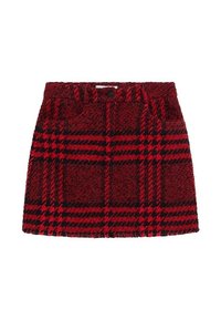 Punainen ja musta ruudullinen villainen mini-hame, jossa on fringed-helma, kaksi etutaskua ja napin sulkeminen. Kankaan rakenne on tarkka ja siinä on ruutukuosi.