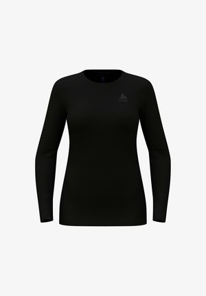 Black long-sleeve shirt made of stretch fabric, featuring a round neck and reinforced stitching. Odlo logo in gray on the chest.