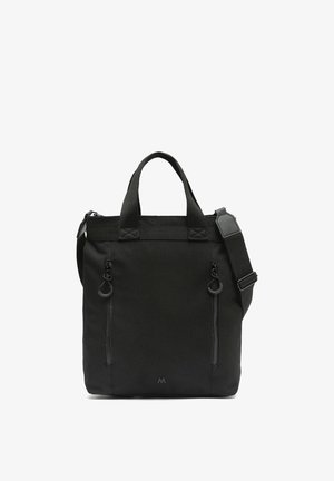 Borsa a spalla rettangolare nera con due manici superiori, tracolla regolabile e due tasche verticali con cerniera sul davanti.