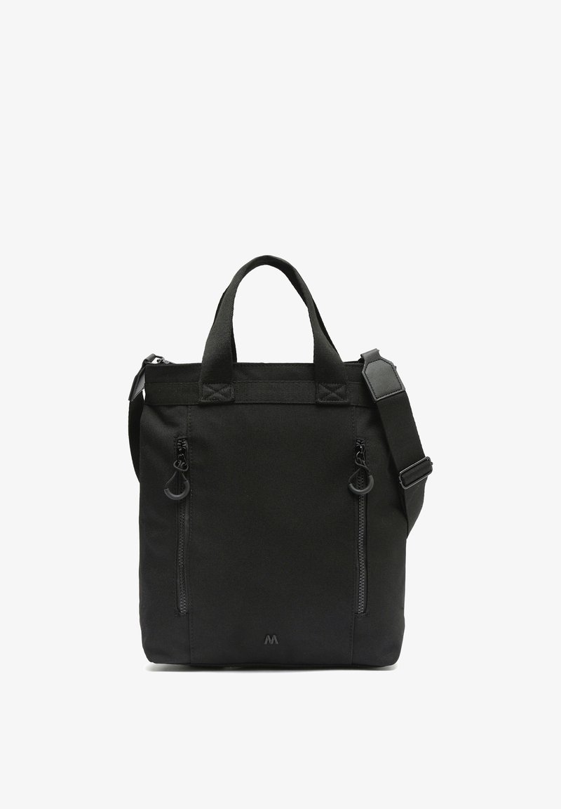 Musta ristkülikukujuline õlakott kahe pealiskäepidemega, reguleeritava rihma ja kahe vertikaalse tõmblukuga esitaskuga.