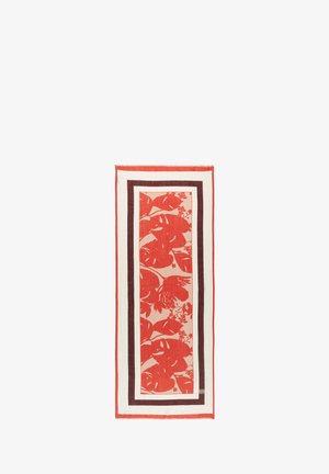 Czerwona chusta w kwiatowy wzór z odważnymi liśćmi, otoczona kontrastującymi ciemnymi i jasnymi obrzeżami. Wykonana z miękkiego, teksturowanego materiału.