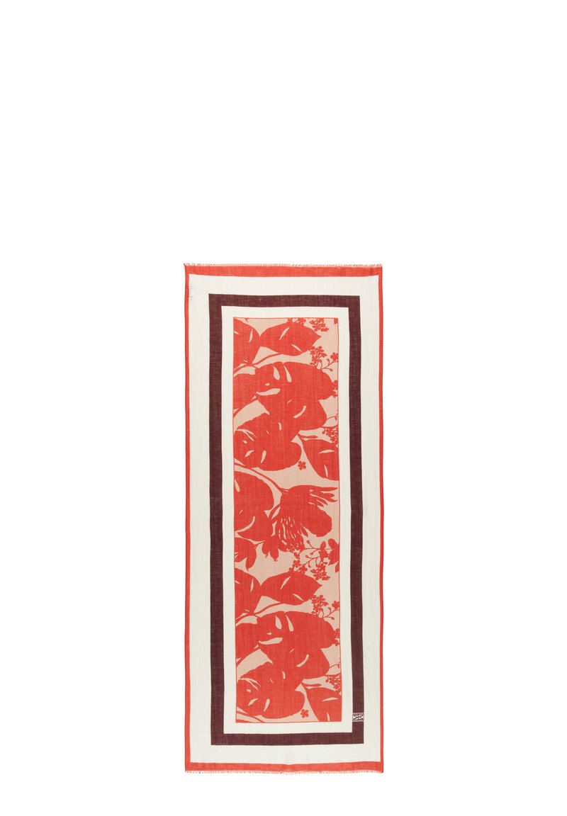 Foulard à motifs floraux rouges avec de grandes feuilles, encadré de bordures sombres et claires contrastantes. Fabriqué en tissu doux et texturé.