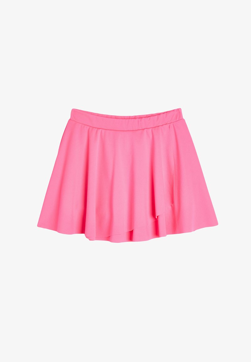 Falda rosa acampanada hecha de tejido suave, con una cinturilla elástica y un diseño fluido con sutiles plisados en el dobladillo.