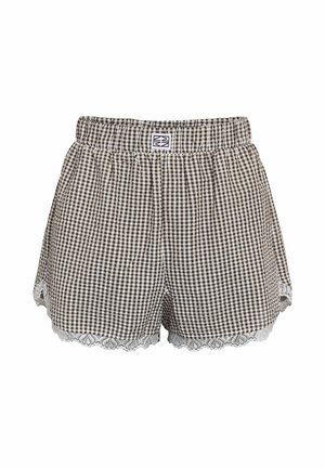 Brune og hvide gingham-shorts med elastisk talje, blonder langs kanten og et lille mærke med brand foran i midten.
