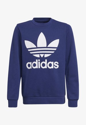 Sweat-shirt bleu marine en mélange de coton, avec un grand logo Adidas blanc à trois bandes, col rond côtelé et poignets côtelés.