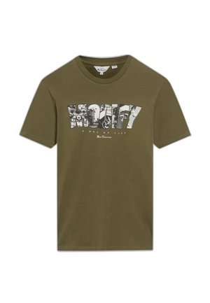 T-shirt in cotone verde oliva con stampa grafica con la scritta "MODIFY" in lettere grassetto. Maniche corte e scollo rotondo.