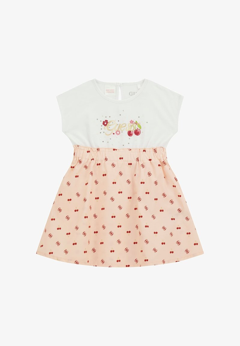 Valge lühikese varrukaga kleit, millel on kuldne kirsigraafika ja roosa seelik, millel on punased kirsid ja lillemustrid. Elastsest materjalist vöökoht, A-l Kujuline.