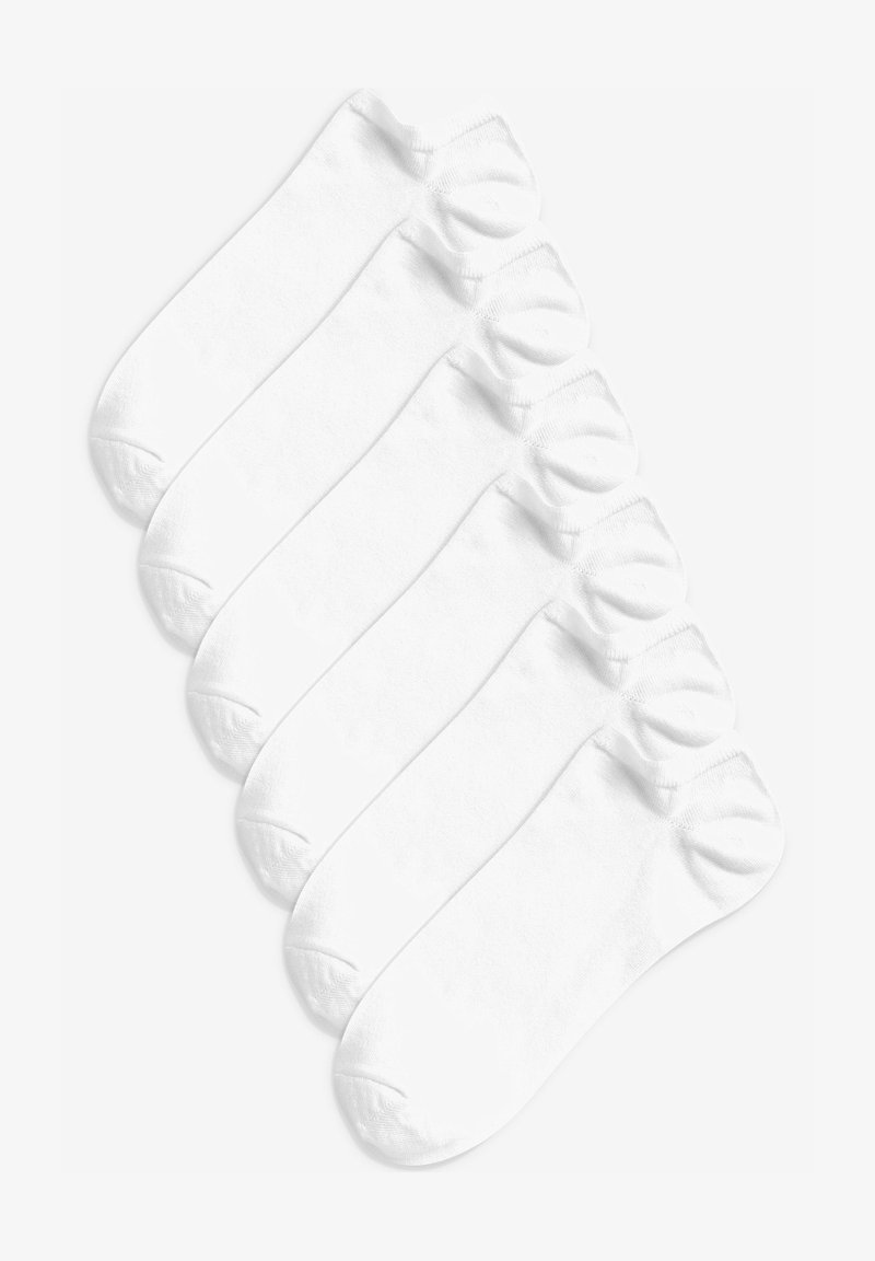 Sex par vita vita bomull ankle strumpor, med en slät textur, rund tå och ribbad kantdetalj.