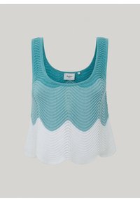 Ärmlös stickad croptop med rundad halsringning, prydd med en vågig texturmönster i teal och vita färgblock.