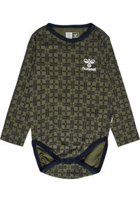 Langarm bodysuit in olijfgroen met een donkerblauwe rand. Heeft een gepatterneerd ontwerp en drukknoopsluitingen aan de onderkant. Logo op de voorkant.