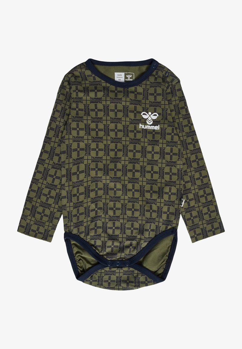 Langærmet bodysuit i olivengrøn med en mørkeblå kant. Har et mønsterdesign og trykknaplukninger i bunden. Logo på fronten.