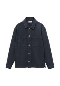 Námornícky modrá denimová bunda s dlhými rukávmi, s golierom, dvoma náprsnými vreckami a striebornými gombíkovými zapínaniami vpredu.