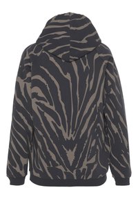 Felpa con cappuccio grigia scura con un motivo a strisce zebra di un marrone chiaro a contrasto. Tessuto morbido con polsini e orlo a costine.
