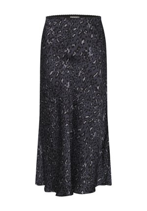 Fustă cu imprimeu de leopard în gri închis și negru, material satin, design evazat, lungime medie, talie elastică, textură netedă.
