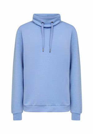Lyseblå sweatshirt med høj krave, justerbare snore og lange ærmer, lavet af et blødt, tekstureret stof.