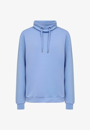 Vaaleansininen huppari korkealla kauluksella, säädettävillä nyöreillä ja pitkillä hihoilla, valmistettu pehmeästä, teksturoidusta kankaasta.