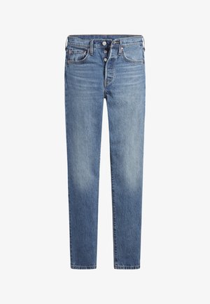 Helle blaue Denim-Jeans mit schmaler Passform, Fünf-Taschen-Design, Knopfverschluss und Ausbleichungen an den Beinen. Klassische Ziernähte.