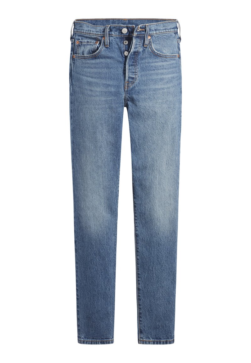 Helle blaue Denim-Jeans mit schmaler Passform, Fünf-Taschen-Design, Knopfverschluss und Ausbleichungen an den Beinen. Klassische Ziernähte.