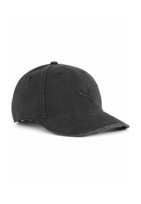 Black cotton baseball cap with curved brim, stitched panels, and an embroidered Puma logo in matching color. Textured fabric with slight wash effect.