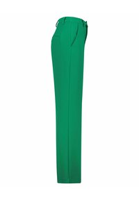 Pantaloni verdi a gamba dritta con una texture liscia. Presentano un davanti piatto, due tasche laterali e passanti per cintura in vita.