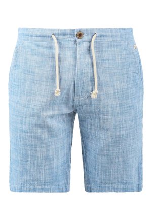 Light blue linen shorts with a drawstring waist, a wooden button detail, and textured fabric featuring a subtle pattern.
