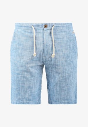 Shorts di lino blu chiaro con vita regolabile mediante cordoncino, dettaglio con bottone di legno e tessuto testurizzato con un motivo sottile.
