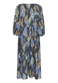 Vestido maxi de tejido ligero, con una base negra y un patrón abstracto en azul, verde y beige. Manga larga y cuello con botones.