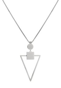 Zilveren ketting met een geometrisch ontwerp, voorzien van een ronde en vierkante hanger boven een driehoekige vorm, allemaal in een gepolijste afwerking.