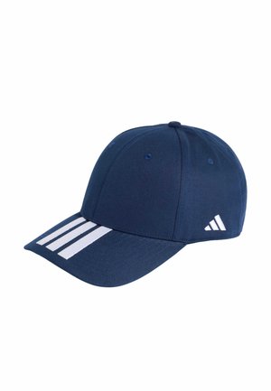 Gorra de béisbol Adidas azul marino con tres rayas blancas en el borde y el logo de Adidas en el lateral.