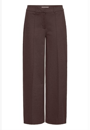 Brown wide-leg trousers, featuring a smooth texture, high waist, sharp pleats, and belt loops, designed for a relaxed, tailored fit.