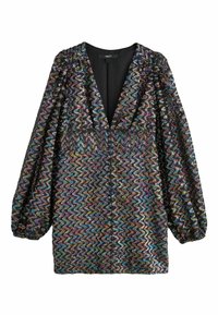Short dress made of multicolored sequined fabric with a wavy pattern, deep V-neck, and long puff sleeves, featuring a black lining.