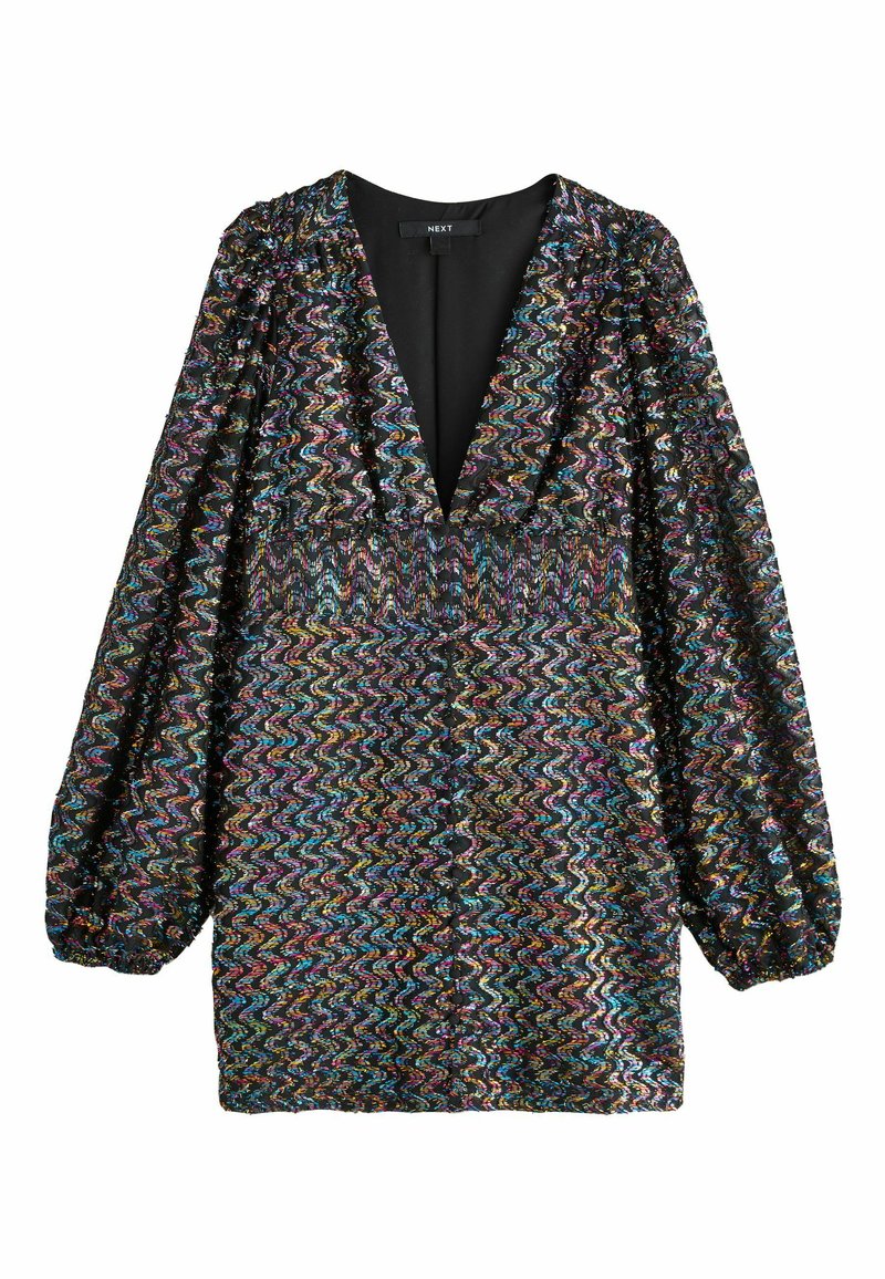 Short dress made of multicolored sequined fabric with a wavy pattern, deep V-neck, and long puff sleeves, featuring a black lining.