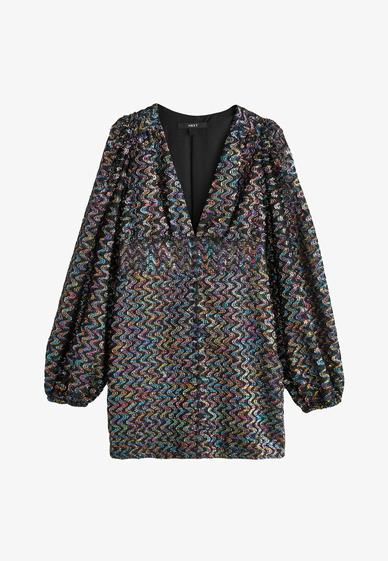 Short dress made of multicolored sequined fabric with a wavy pattern, deep V-neck, and long puff sleeves, featuring a black lining.