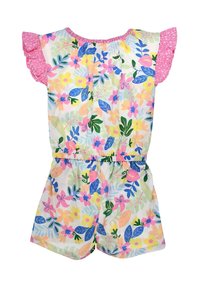 Kombinezon w kwiatowy wzór z krótkimi falbaniastymi rękawami, elastyczną talią i pastelowymi kolorami, z różowymi, niebieskimi i zielonymi motywami kwiatowymi.