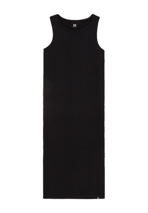 Juoda be rankovių, ribuota midi suknelė su apvalia iškirpte, tiesa linija ir maža žvaigždute prie apatinio krašto.