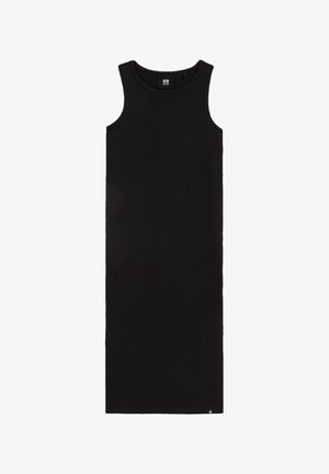 Crna midi haljina bez rukava, rebrastog uzorka, s okruglim izrezom, ravnog kroja i malim detaljem zvjezdice blizu ruba.