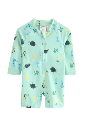 Costume da bagno a maniche corte di colore verde menta con cerniera frontale. Presenta motivi marini, tra cui tartarughe, cavallucci marini e pesci di vari colori.