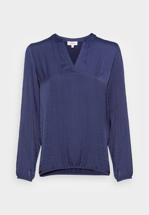 Blusa blu navy in tessuto leggero e testurizzato, con scollatura a V e maniche lunghe, orlo elasticizzato e vestibilità rilassata.