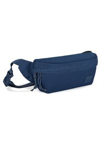 Tengerés kék színű, téglalap alakú anyag fanny pack, felső cipzáras zárással, állítható pánttal és díszes zsinórral az oldalon.
