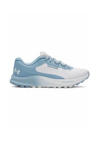 White and light blue running shoe with a mesh upper, padded collar, and rubber sole featuring textured details. "Charged" branding on side.