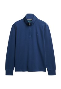 Granatowy sweter z kołnierzem typu wysoki, z dzielonym zamkiem do jednej czwartej oraz haftowanym logo. Miękka tkanina, długie rękawy, ściągacze.