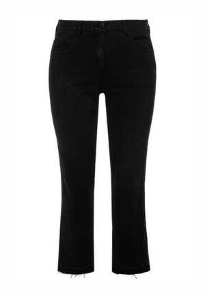 Black denim jeans with a cropped, straight cut. Features a mid-rise waist, five pockets, and frayed hem detailing. Smooth texture.