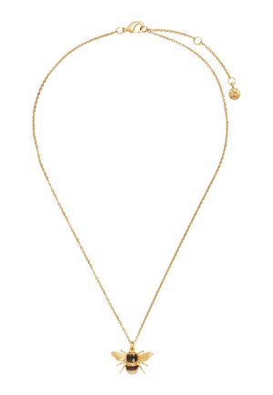 Zlata verižica z obeskom v obliki čebele z detajlnimi črno-zlatimi črtami in prozornimi krilci.