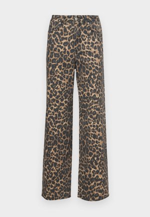 Jeans med høj talje og vide ben i brun og sort leopardprint, med knap foran, lommer og bæltestropper.