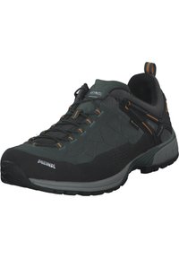 Black and dark green hiking shoes with textured upper, gray accents, orange laces, and a rugged sole designed for traction and durability.