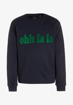 Marineblaues Sweatshirt mit langen Ärmeln, grünem Schriftzug "ohh la la" auf der Brust, gerippten Bündchen und Rundhalsausschnitt.