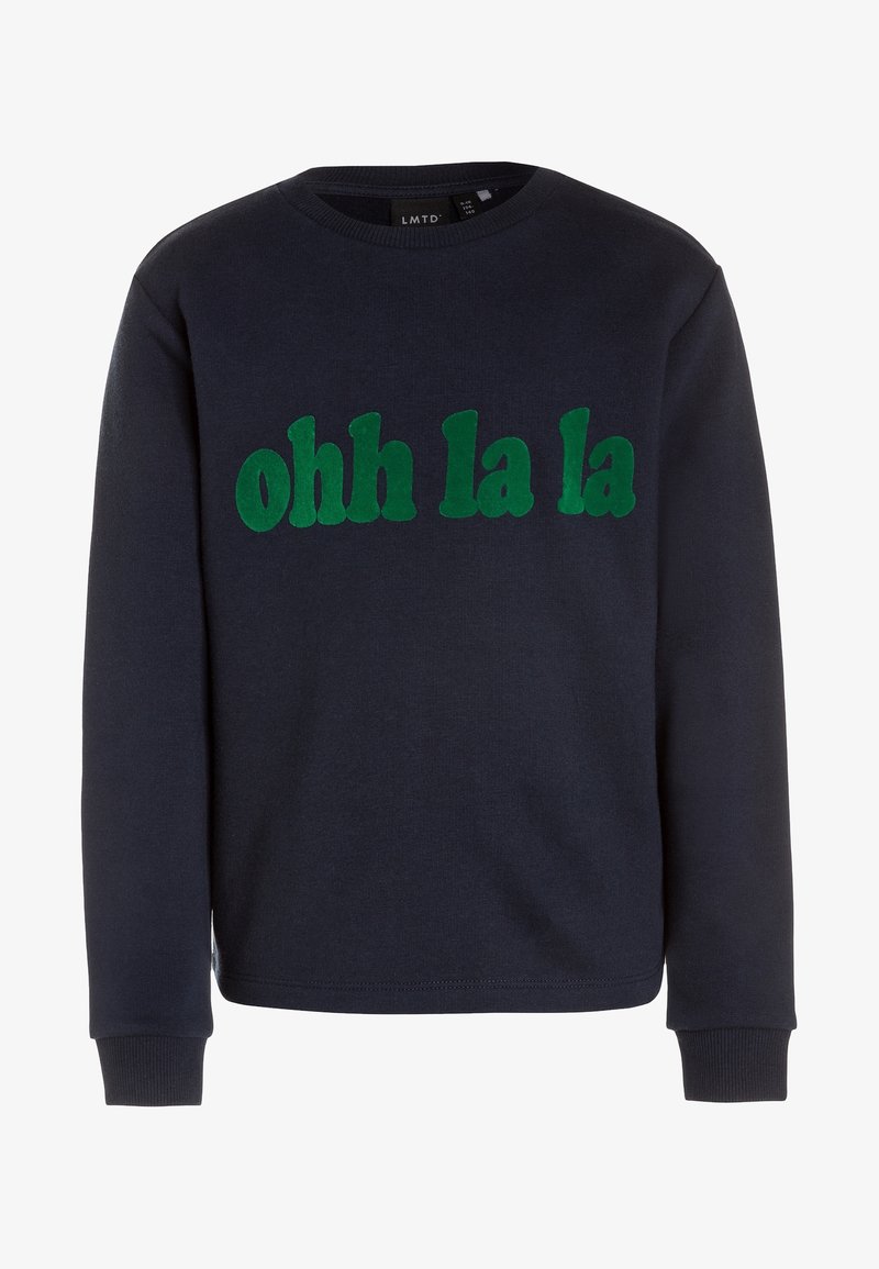 Sweat-shirt bleu marine à manches longues avec texte vert "ohh la la" sur la poitrine, poignets côtelés et col rond.