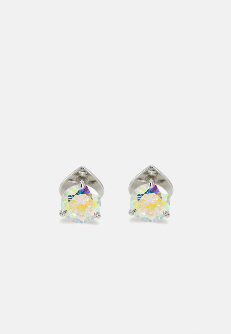 Silver stud earrings featuring round, iridescent crystals with a faceted surface, set in a sleek, geometric design.